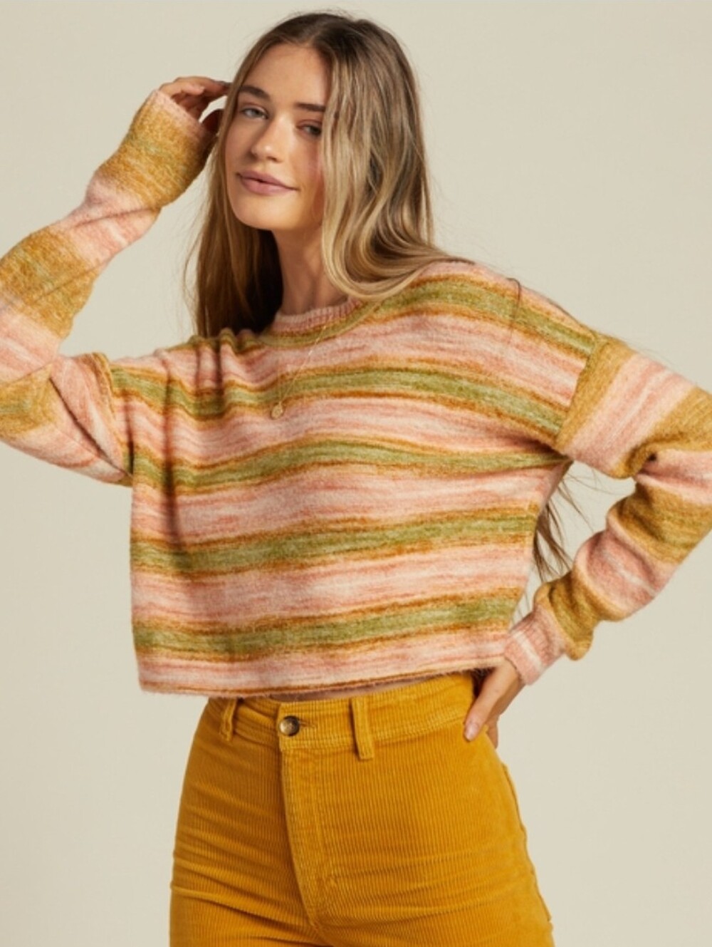 Billabong Striped Crewneck Sweater in Pink, Green & Cream